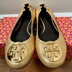 Tory Burch Gold Distressed Leather Reva Ballet Flats - Size 8